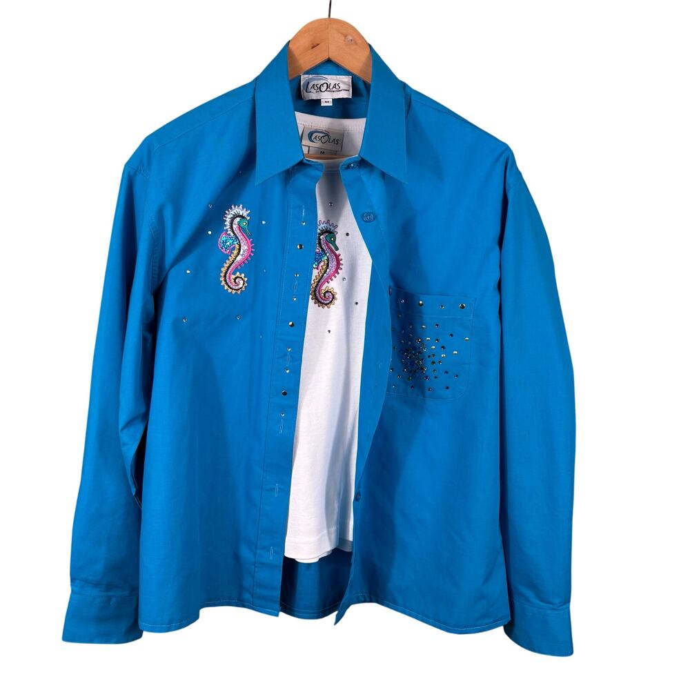 Las Olas Seahorse‎ Shirt Set Women Medium Blue White Rhinestone Nautical 2pc